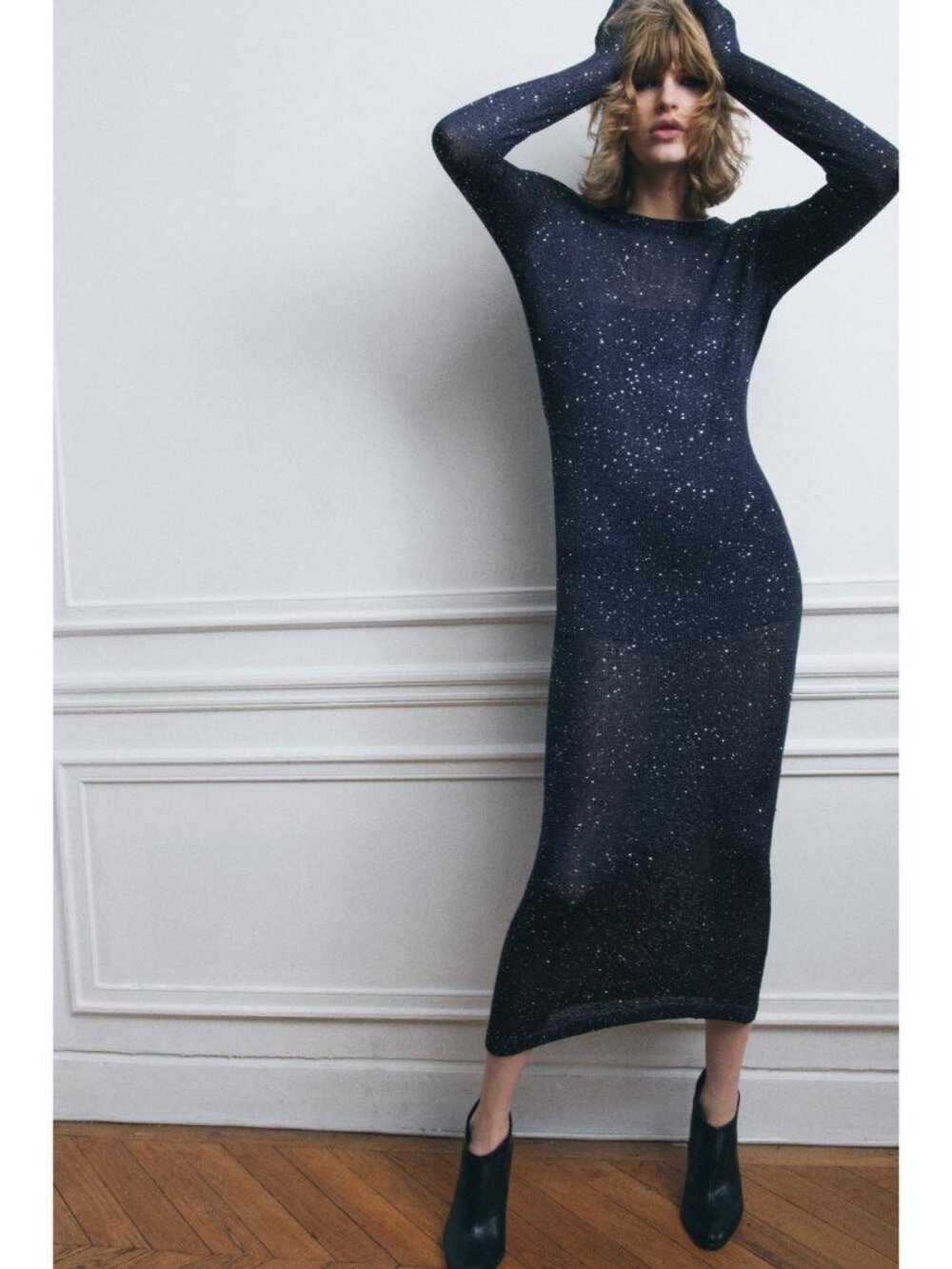 Zara Navy Blue Sparkle Midi Dress Long Sleeve Back Cut Out Small NWT